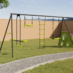 IDMARKET - Balançoire 4 agrès portique avec balançoire face à face trapèze échelle panier de basket et buts de foot
