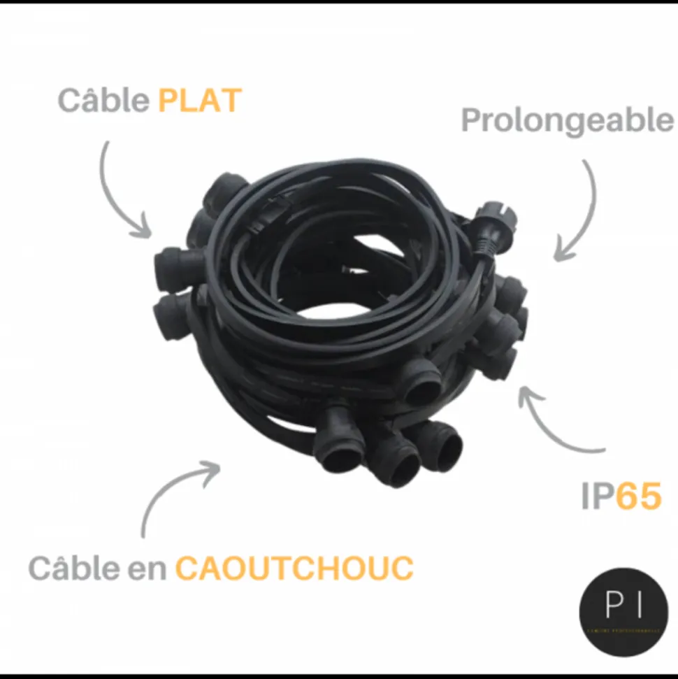 ILLUPRO - Guirlande 20 ampoules 2w guinguette blanc chaud extérieur ip65 10m câble plat caoutchouc professionnelle