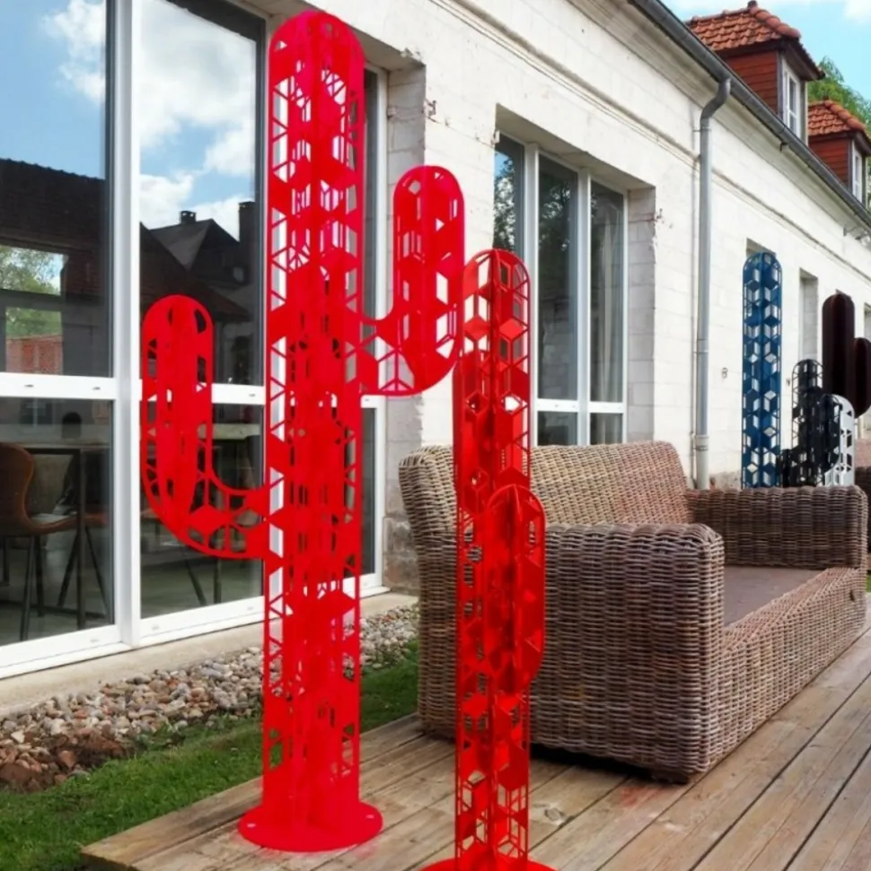 JARDINEX - Cactus métal 3 branches origami - rouge 110 cm