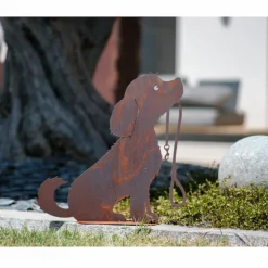JARDINEX - Chien avec laisse métal rouillé : figurine décorative de jardin - rouille