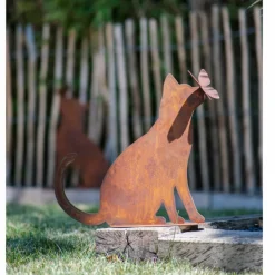 JARDINEX - Figurine chat bisou papillon métal rouille : déco jardin - rouille