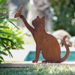 JARDINEX - Figurine chat qui joue métal rouille : déco jardin - rouille