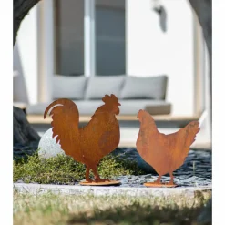 JARDINEX - Figurine poule en métal rouillé : déco jardin - rouille