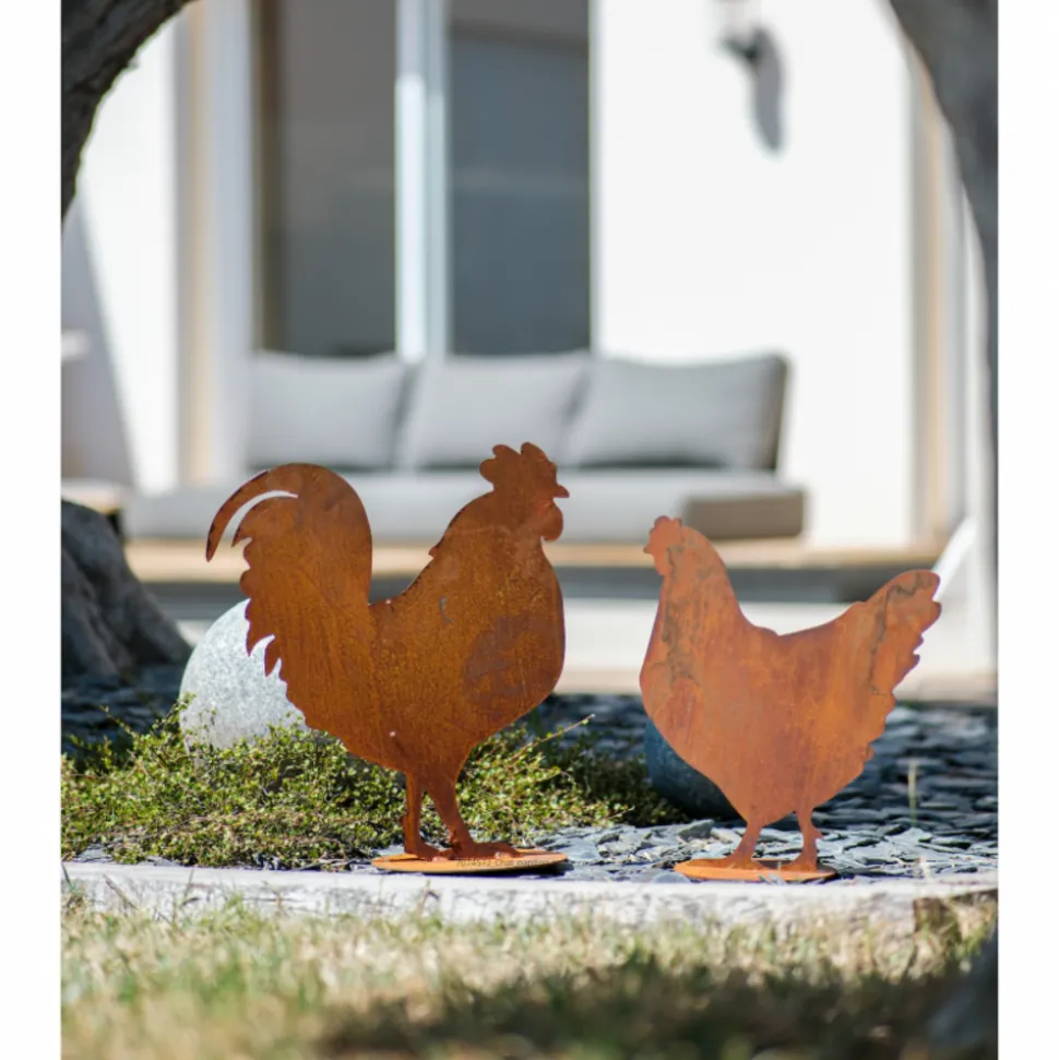 JARDINEX - Figurine poule en métal rouillé : déco jardin - rouille
