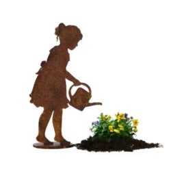 JARDINEX - Personnage fillette arrosoir métal rouillé : déco jardin - rouille
