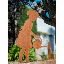 JARDINEX - Personnage fillette arrosoir métal rouillé : déco jardin - rouille
