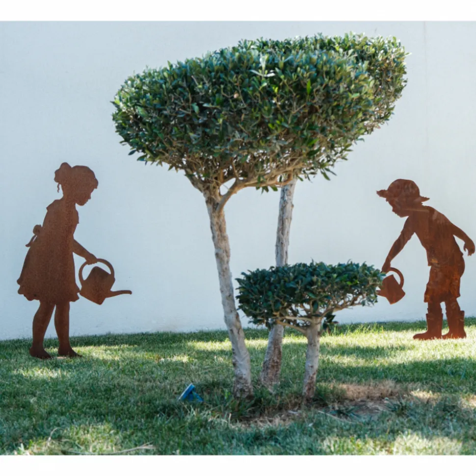 JARDINEX - Personnage fillette arrosoir métal rouillé : déco jardin - rouille