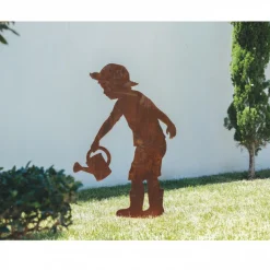 JARDINEX - Personnage garçonnet arrosoir métal rouillé : déco jardin - rouille