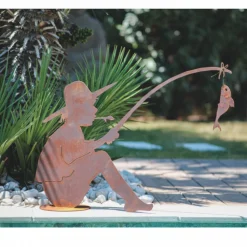 JARDINEX - Sculpture petit pêcheur métal patine rouille : déco jardin - rouille