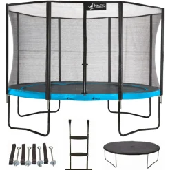KANGUI - Trampoline 430 cm + filet + échelle + bâche + kit ancrage punchi bleu
