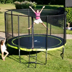 KANGUI - Trampoline 365 cm + filet + échelle + bâche + kit ancrage punchi vert.