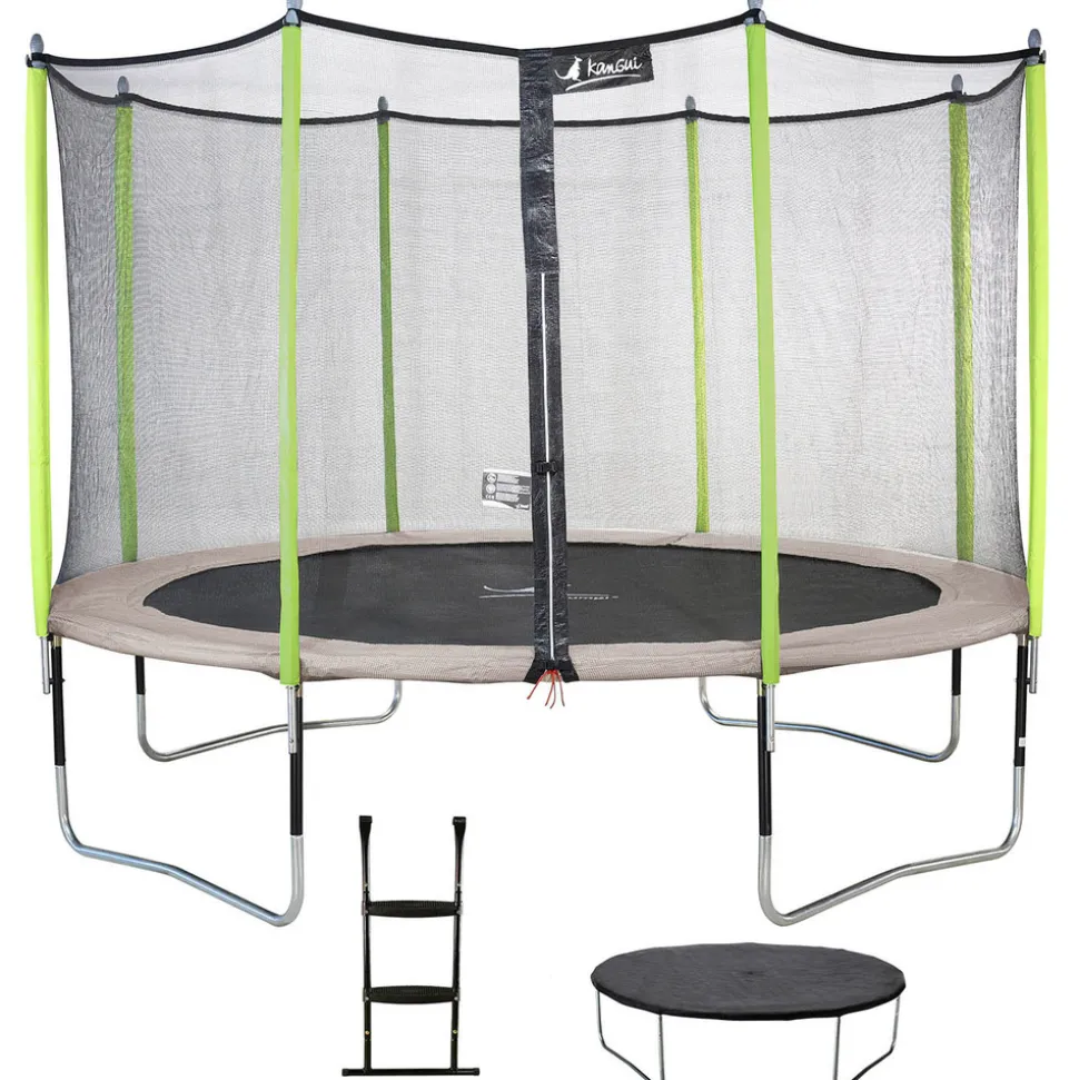 KANGUI - Trampoline 430 cm + filet de sécurité + échelle + bâche jumpi taupe/vert