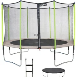 KANGUI - Trampoline 360 cm + filet de sécurité + échelle + bâche jumpi taupe/vert 360
