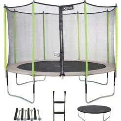 KANGUI - Trampoline 430 cm + filet + échelle + bâche + kit d'ancrage jumpi taupe/vert 430