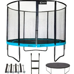 KANGUI - Trampoline 305 cm + filet + échelle + bâche + kit ancrage punchi bleu