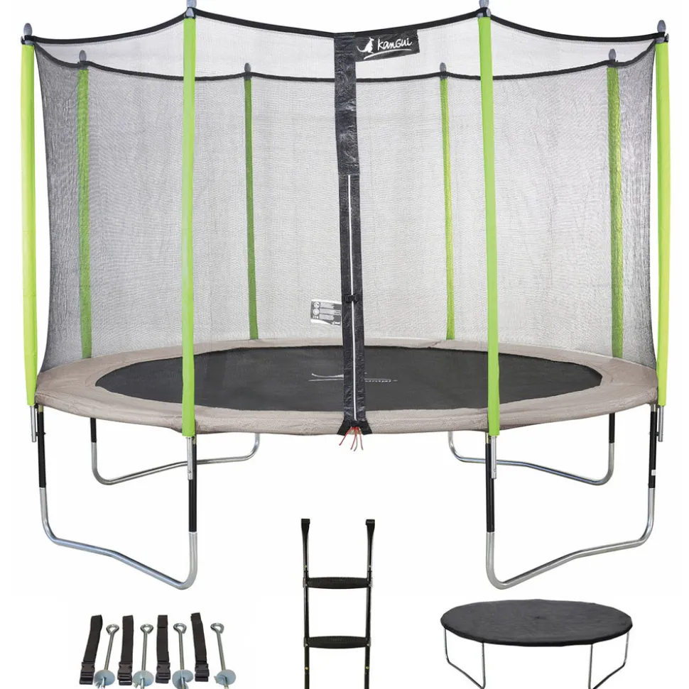 KANGUI - Trampoline 365 cm + filet + échelle + bâche + kit d'ancrage jumpi taupe/vert 360