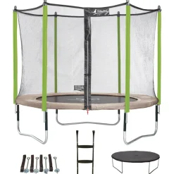 KANGUI - Trampoline 305 cm + filet + échelle + bâche + kit d'ancrage jumpi taupe/vert 300