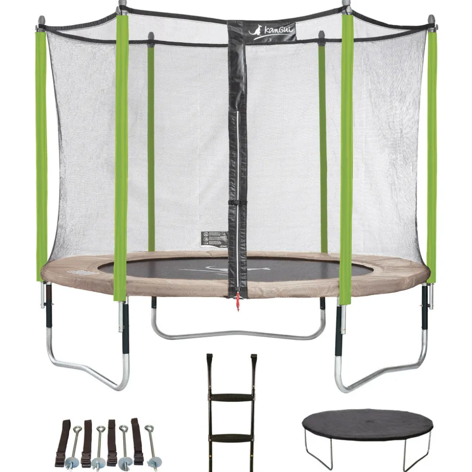 KANGUI - Trampoline 305 cm + filet + échelle + bâche + kit d'ancrage jumpi taupe/vert 300