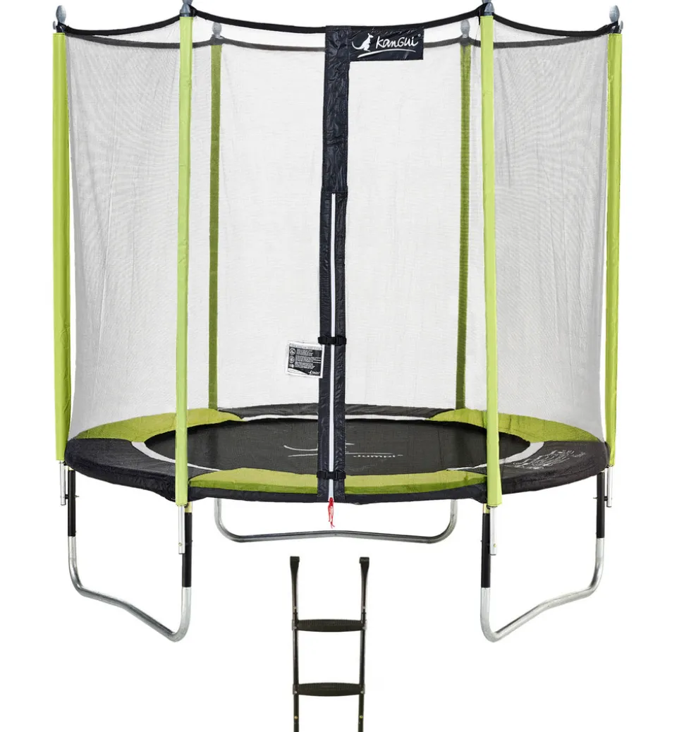 KANGUI - Trampoline de jardin 244 cm + filet de sécurité + échelle jumpi vert/noir 250