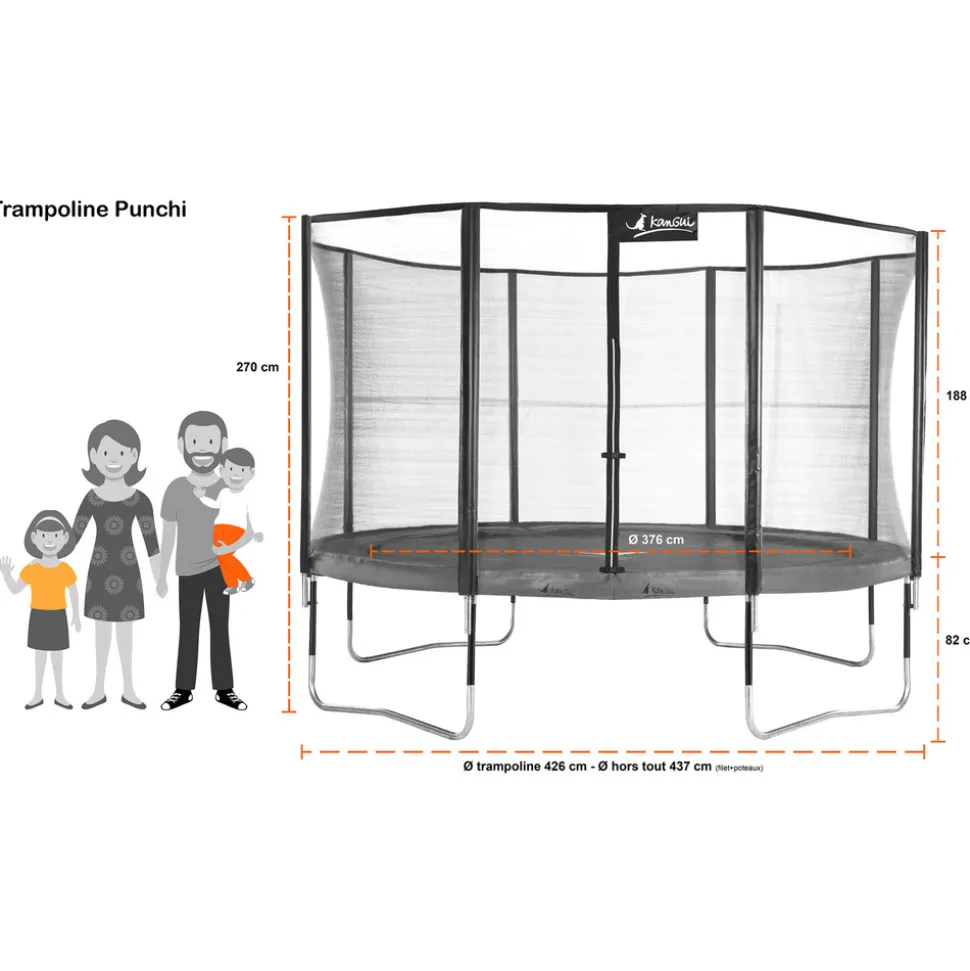 KANGUI - Trampoline de jardin 426 cm + filet de sécurité jumpi taupe/vert 430