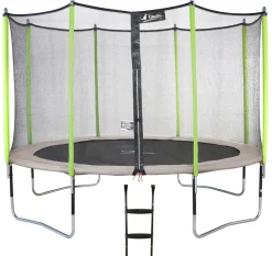 KANGUI - Trampoline de jardin 426 cm + filet de sécurité + échelle jumpi taupe/vert 430