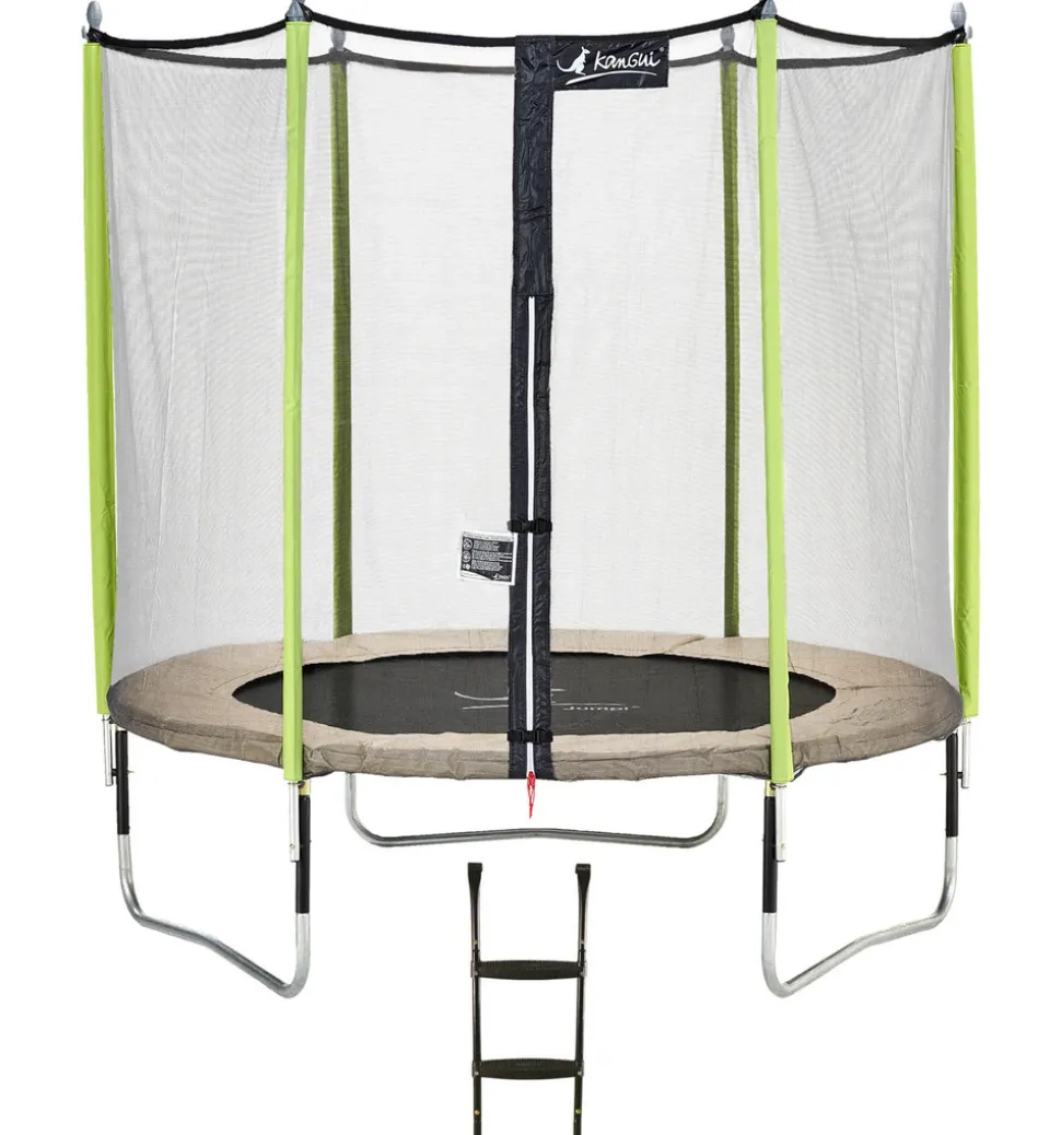 KANGUI - Trampoline de jardin 244 cm + filet de sécurité + échelle jumpi taupe/vert 250