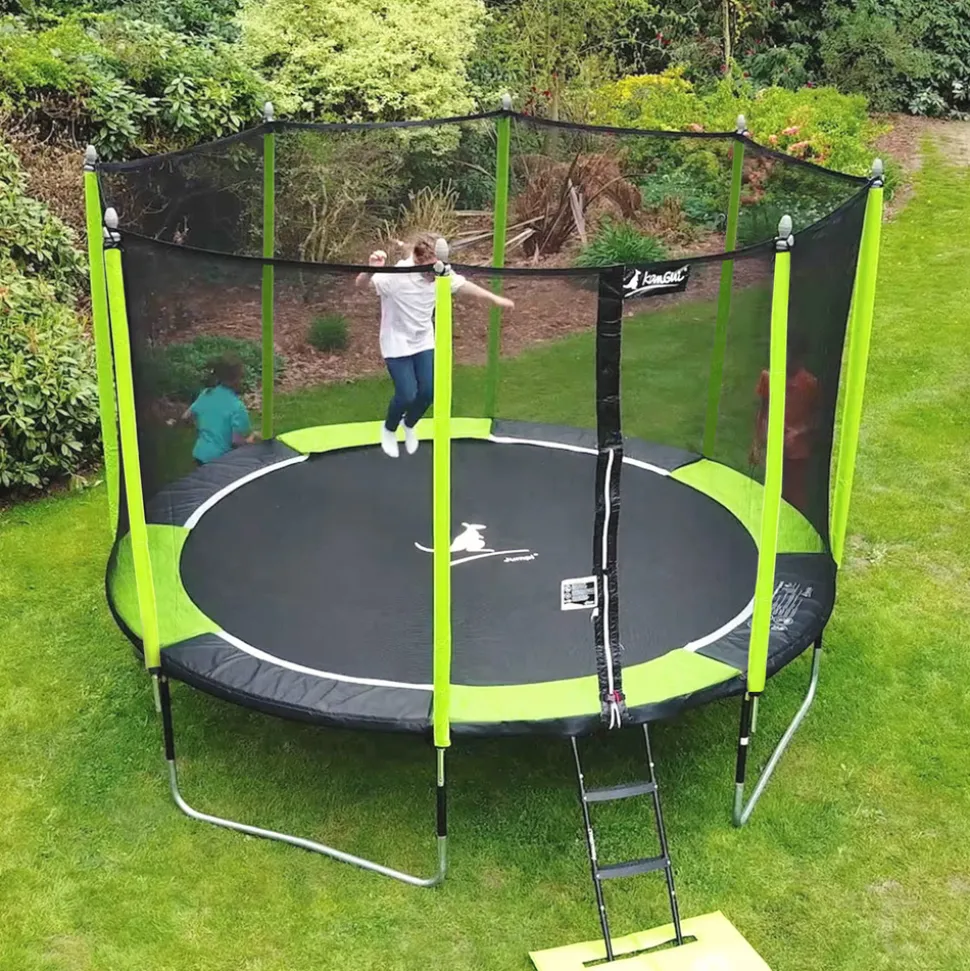 KANGUI - Trampoline de jardin 426 cm + filet de sécurité + échelle jumpi vert/noir 430