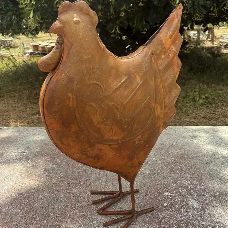 LA GRANDE PRAIRIE - Statuette poule fer rouille 14x7x20cm
