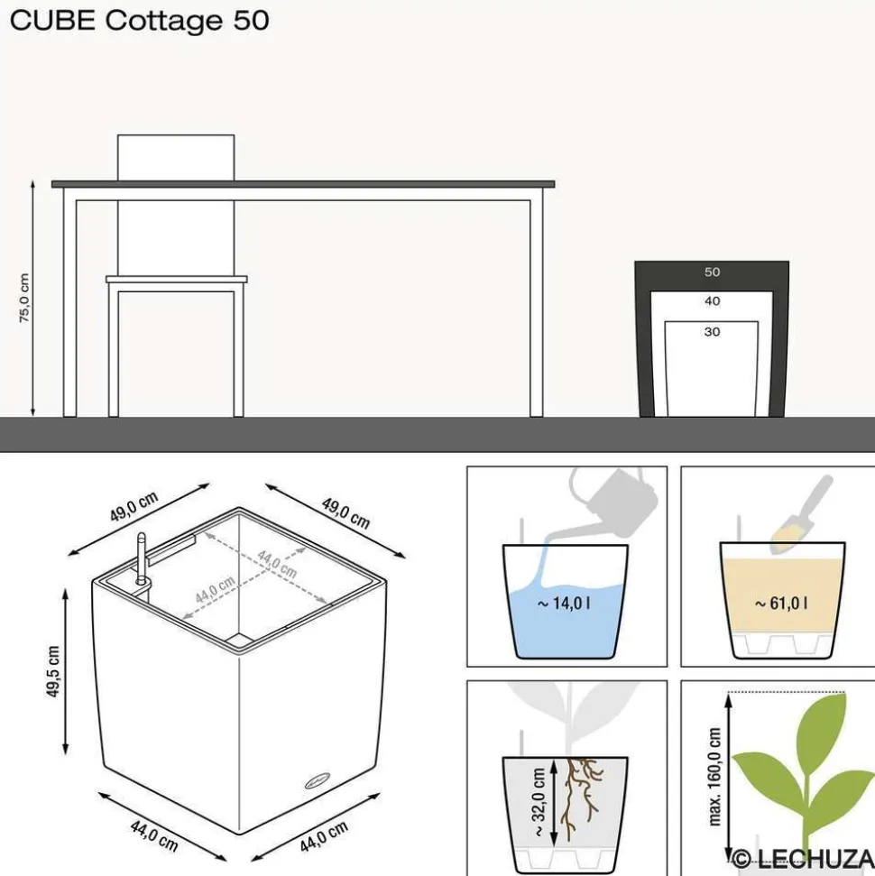 LECHUZA - Cube Cottage en polypropylène, moka L. 50 x l. 50 x H. 50 cm