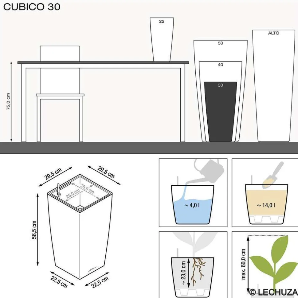 LECHUZA - Pot Cubico Premium en polypropylène, taupe L. 30 x l. 30 x H. 56 cm