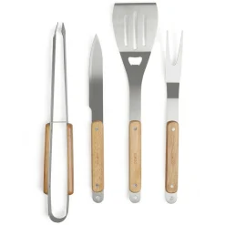 LIVOO - Set de 4 accessoires pour barbecue - fourchette, pince, spatule, couteau + pochette - acier inox, finition bois gs75
