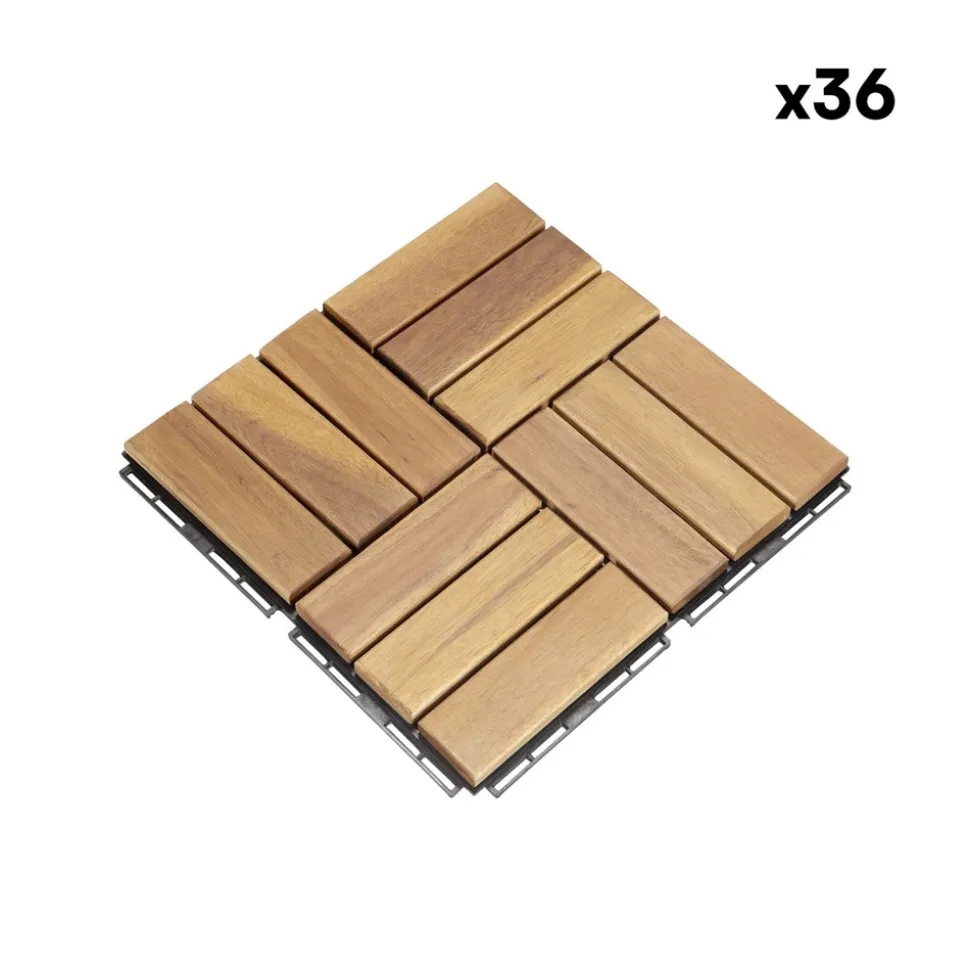 Lot de 36 dalles de terrasses 30x30cm en bois d'acacia. Motif carré. Clipsables