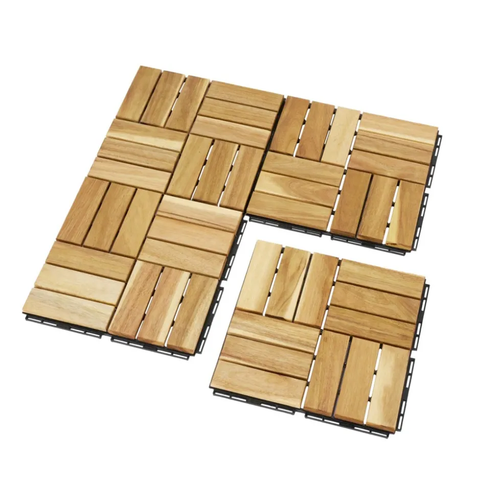 Lot de 36 dalles de terrasses 30x30cm en bois d'acacia. Motif carré. Clipsables