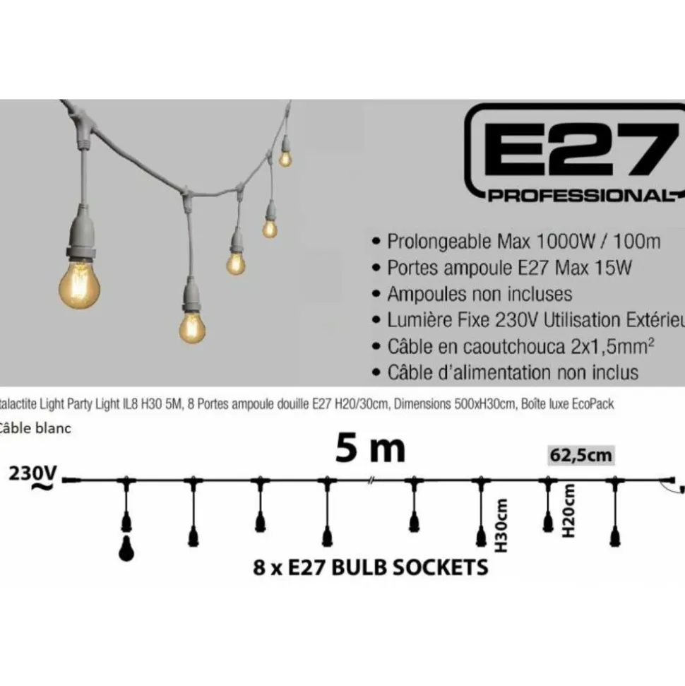 LOTTI - Guirlande guinguette stalactite 5m hauteur jusqu'à 30cm 8 douilles e27 cable blanc connectable luxa 230v ip44 lotti