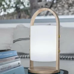 LUMISKY - Lanterne extérieure led woody - - blanc - design scandinave - poignée en bois naturel - autonomie 10h