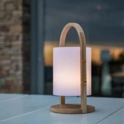 LUMISKY - Lanterne extérieure led woody - - blanc - design scandinave - poignée en bois naturel - autonomie 10h
