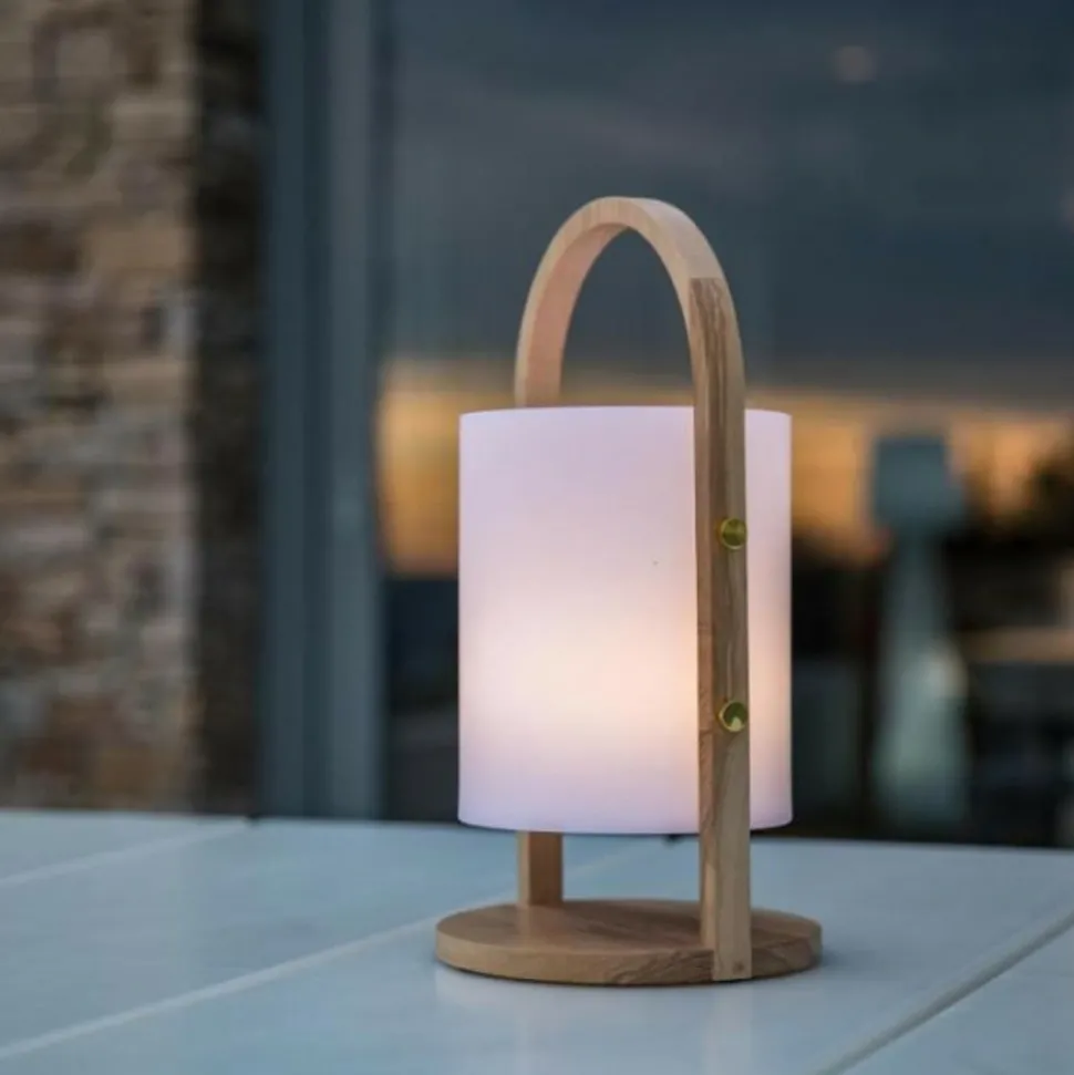 LUMISKY - Lanterne extérieure led woody - - blanc - design scandinave - poignée en bois naturel - autonomie 10h