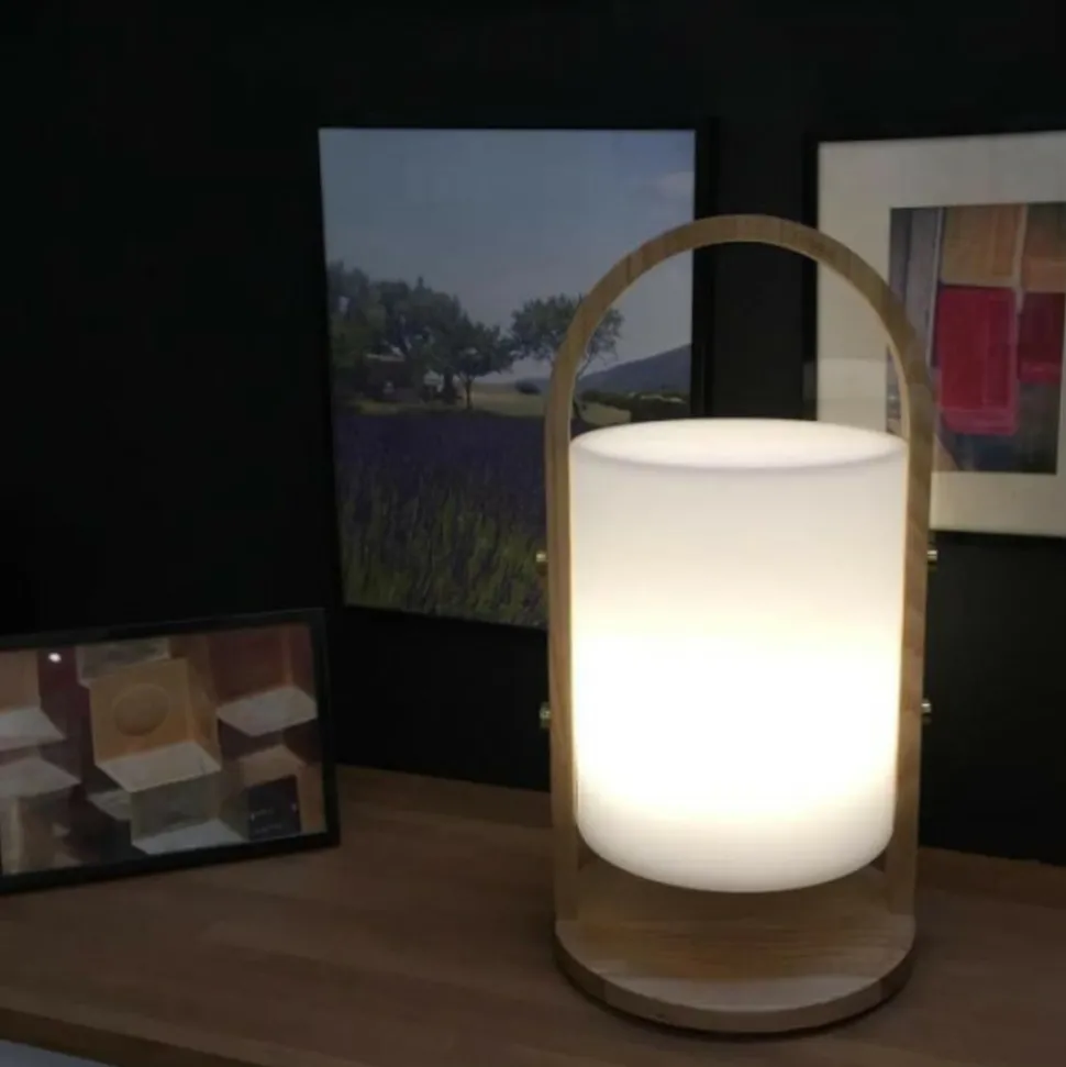 LUMISKY - Lanterne extérieure led woody - - blanc - design scandinave - poignée en bois naturel - autonomie 10h