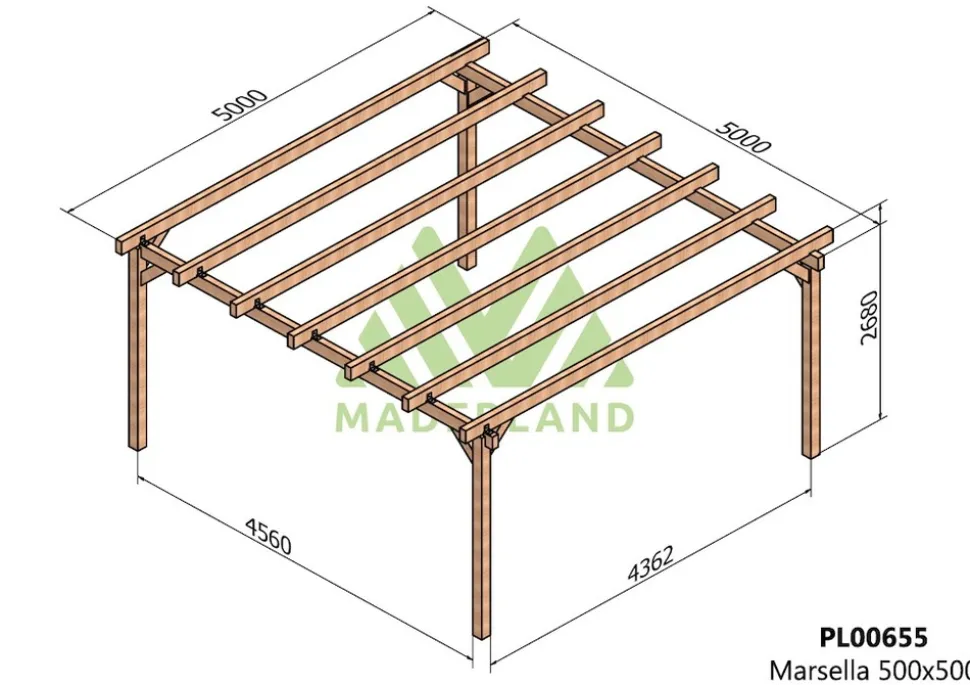 MADERLAND - Pergola en bois autoportante - modèle marsella - 500 x 500 cm