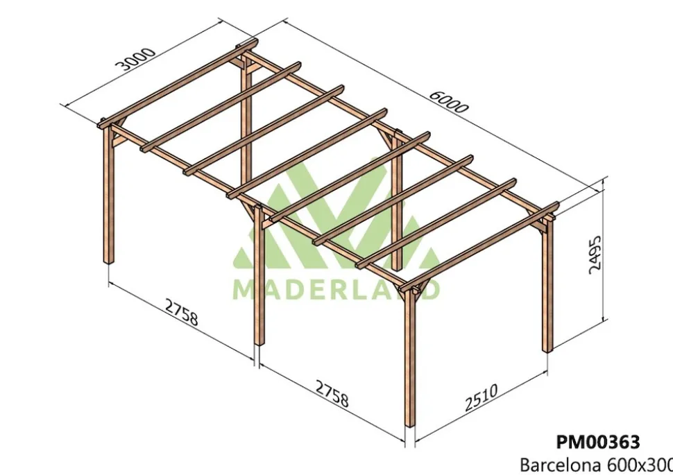 MADERLAND - Pergola en bois autoportante - modèle barcelona - 600 x 300 cm