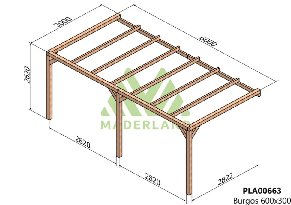 MADERLAND - Pergola en bois adossée - modèle burgos - 600 x 300 cm