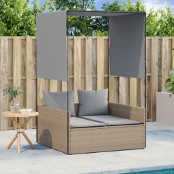 MAISON EXCLUSIVE - Chaise longue double avec toit et rideaux beige résine tressée