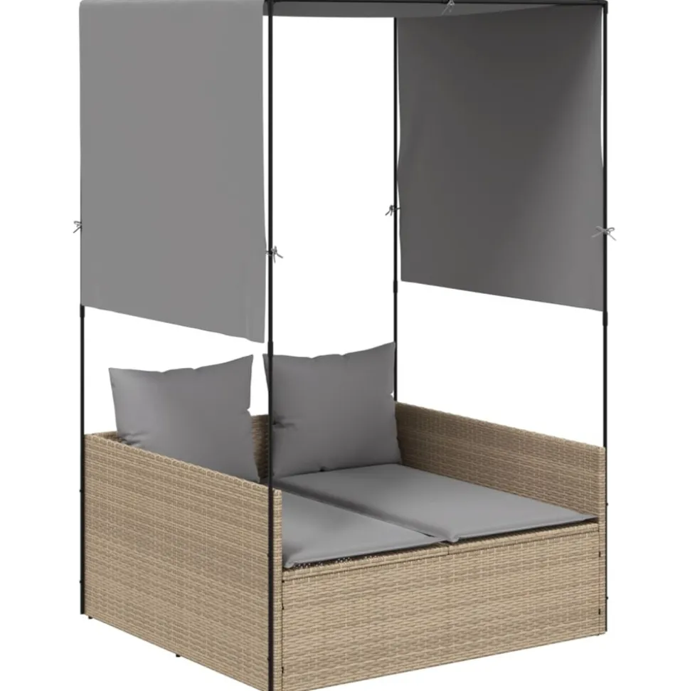 MAISON EXCLUSIVE - Chaise longue double avec toit et rideaux beige résine tressée