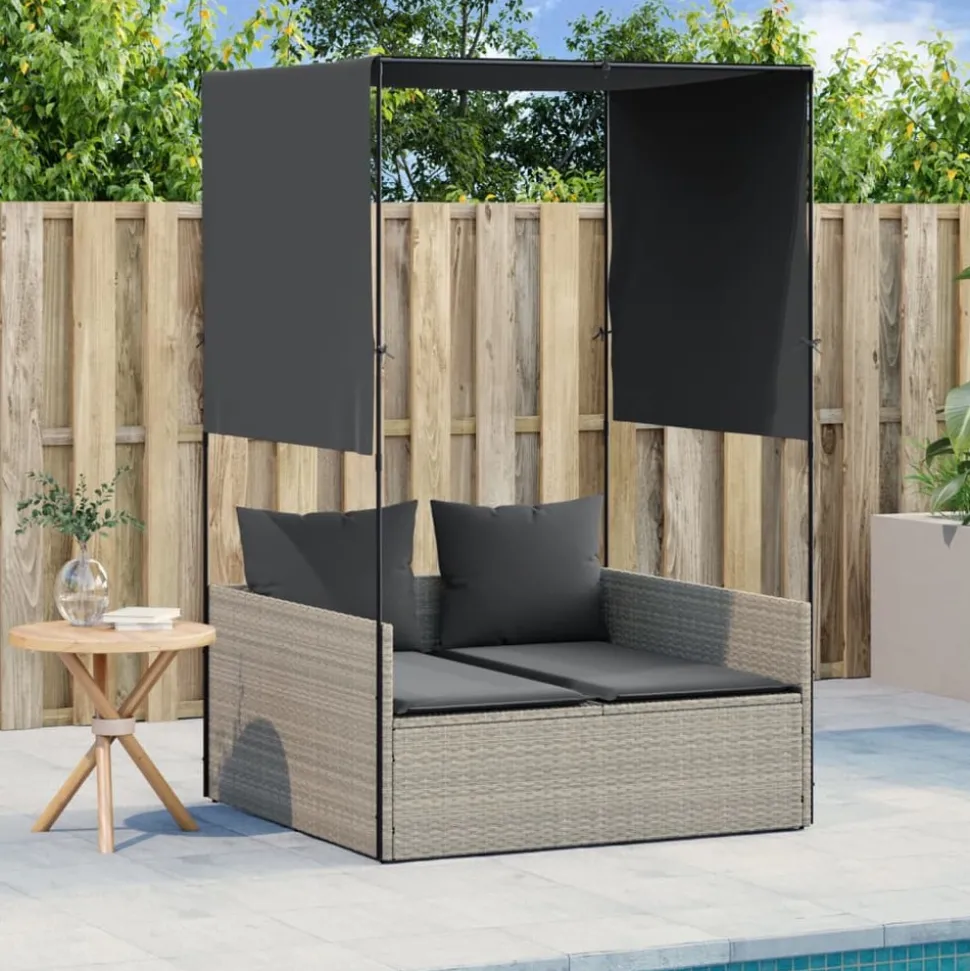 MAISON EXCLUSIVE - Chaise longue double avec toit et rideaux gris clair poly rotin