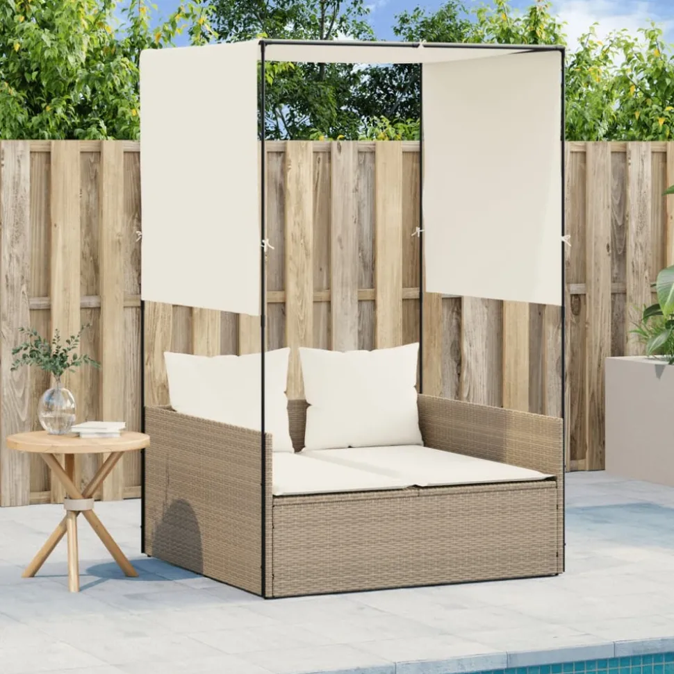 MAISON EXCLUSIVE - Chaise longue double avec toit et rideaux beige résine tressée