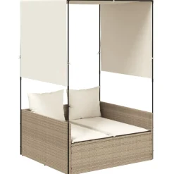 MAISON EXCLUSIVE - Chaise longue double avec toit et rideaux beige résine tressée