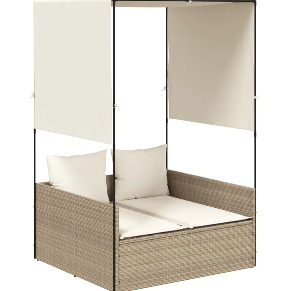 MAISON EXCLUSIVE - Chaise longue double avec toit et rideaux beige résine tressée