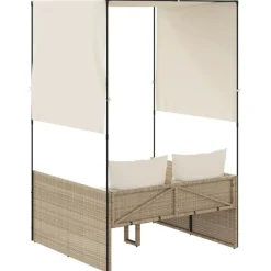 MAISON EXCLUSIVE - Chaise longue double avec toit et rideaux beige résine tressée