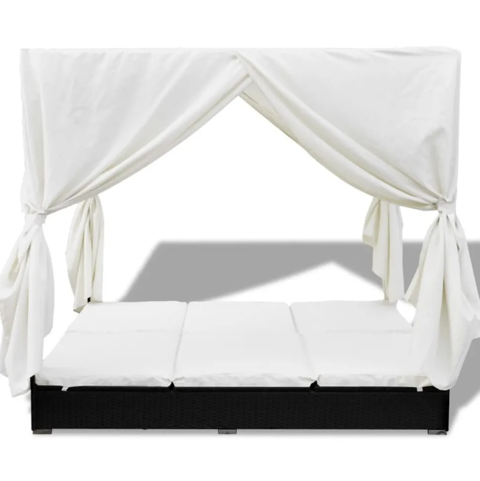 MAISON EXCLUSIVE - Chaise longue d'extérieur avec rideaux résine tressée noir