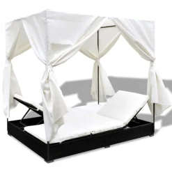 MAISON EXCLUSIVE - Chaise longue d'extérieur avec rideaux résine tressée noir